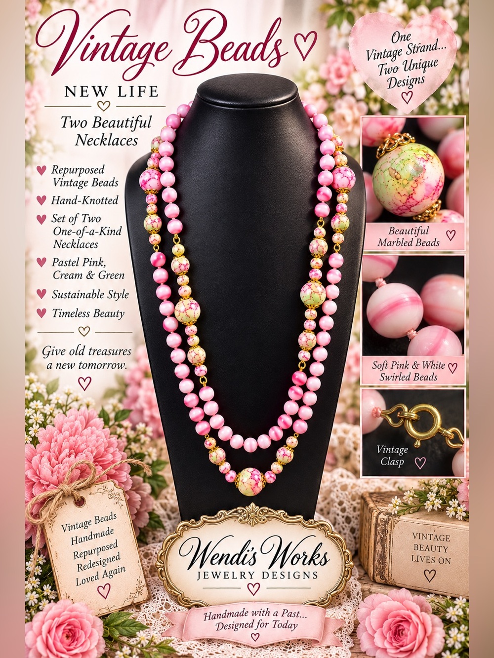 Upcycled Vintage Acrylic Bead Necklaces Set of 2 Hand-Knotted Pink Flor